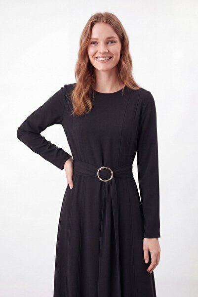 Puane Women's Long Dress with Buckle Belt Detail - 12697