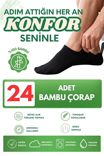 GezBros 24'lü Paket Premium Bambu Siyah Renk Kısa Çorap