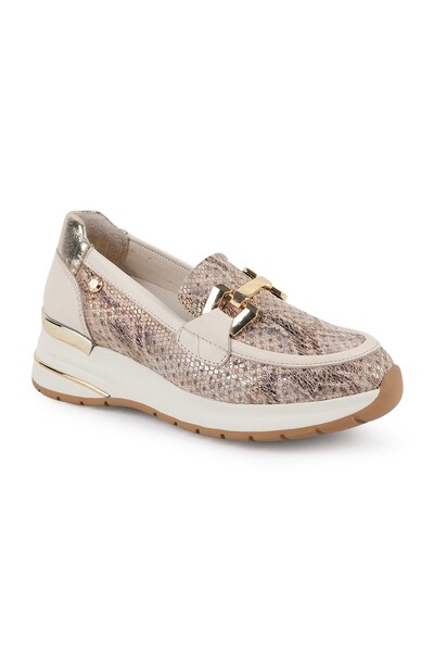 Mammamia Women's Genuine Leather Anaconda Patterned Beige Cream Comfort Sneaker