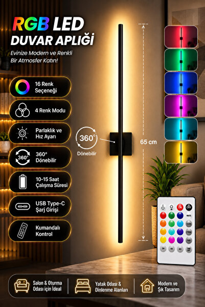 neeko Bekos Şarjlı RGB Duvar Apliği 65 cm | Kumandalı | 16 Renk | 4 Işık Modu...