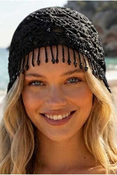 Mood Agenda Women's Tasseled Knitted Bandana Beanie Mesh Textured Bohemian Be...