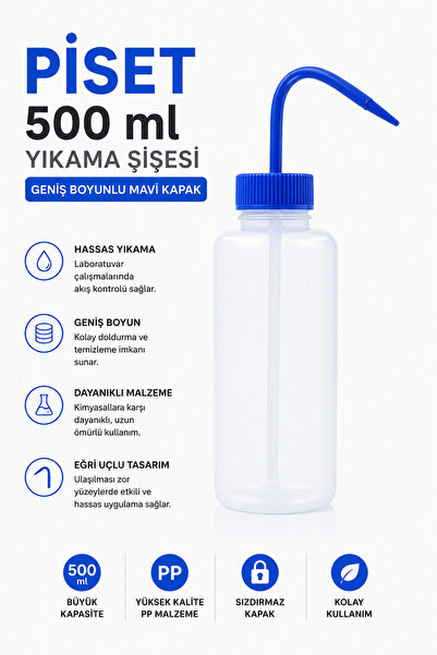 Labolist Piset 500ml - Yıkama Şişesi - Geniş Boyunlu Mavi Kapak