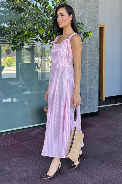 Aryena Pink Shoulder Lace-Up Patterned Dress