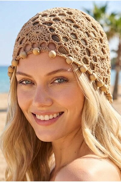 Mood Agenda Women's Natural Wooden Beaded Knitted Beanie Mesh Textured Bohemi...