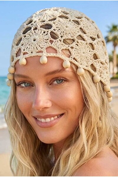 Mood Agenda Women's Natural Wooden Beaded Knitted Beanie Mesh Textured Bohemi...
