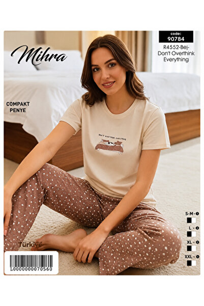 Mihra Kadın %100 Pamuk Kompakt Penye Kısa Kollu Pijama Takımı – Bej Kalp Desenli Uzun Alt Ev Giyim