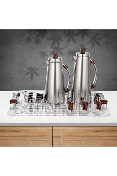 Almarjan 21 Pieces Tea & Coffee Set, Matt Nickel & Dark Wood