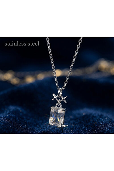 stainless steell Silver Color Translucent Baguette Stone Star Detailed Zircon...