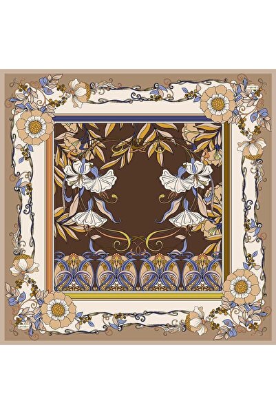 Levidor Milk Coffee Lily Flower Pattern Twill Silk Scarf
