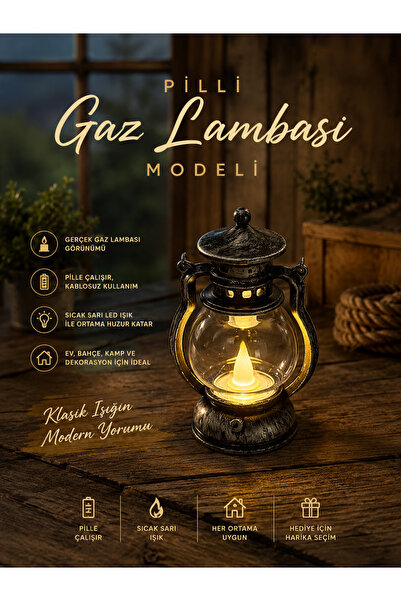 seymen bıçakçılık Dekoratif Pilli Gaz Lambası LED Nostaljik Fener | Alev Efek...