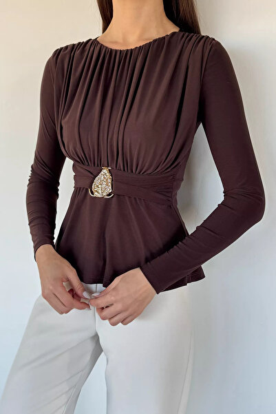 Aryena Brown Women's Pleated Waist Elastic Gold Buckle Detailed Blouse