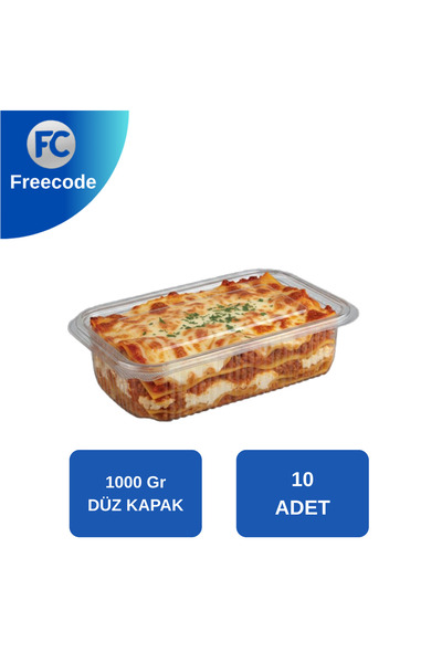Freecode 1000 Gr Plastik Yemek Kabı Düz Kapaklı | Sızdırmaz Paket Servis Kabı | Şeffaf Saklama Kabı | 10 Adet