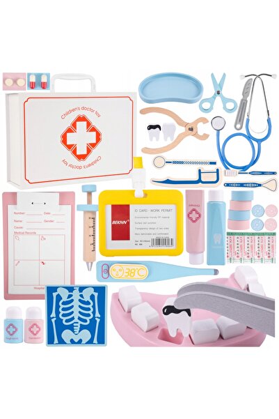 Stator Set de doctor din lemn, mic, cu trusă de prim ajutor, stetoscop și acc...