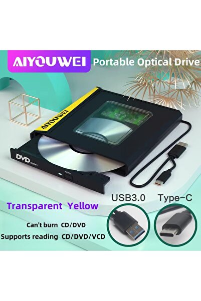 Choice1 محرك أقراص DVD/CD خارجي أصفر اللون مع واجهة USB 3.0 من نوع C، ناسخ/مش...