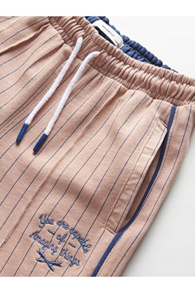 NO BRAND Pantaloni de trening largi, lejeri, lungi, bej, cu dungi, brodați, c...
