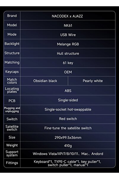 NO BRAND Tastatură mecanică de gaming Ajazz 60% Nk61 cu switch-uri roșii, cu ...