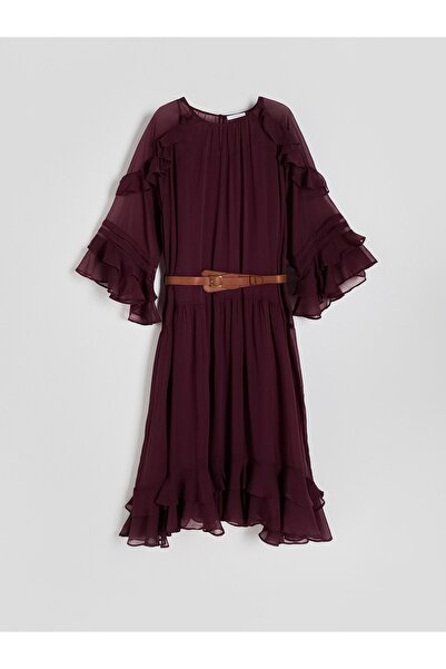 NO BRAND Rochie midi clasică, impecabilă, cu volane, cu curea, mânecă lungă, ...