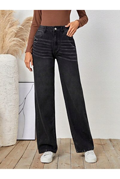 NO BRAND Blugi clasici negri, pantaloni lungi, talie înaltă, din bumbac, croi...