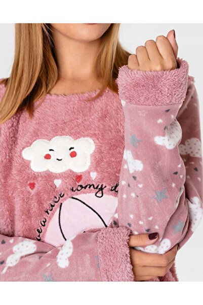 NO BRAND Pijamale groase călduroase de damă, din fleece și blană, bluză, pant...