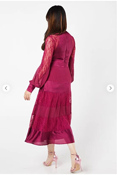 NO BRAND Rochie midi din satin, roz biscuit, cu mânecă lungă, cu dantelă, 42
