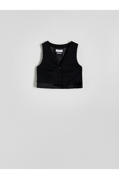 NO BRAND Vestă scurtă clasică, neagră, netedă, cu nasturi, bandă decorativă, ...