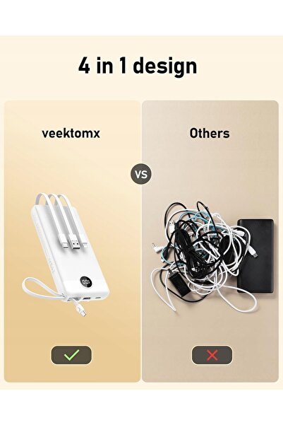 NO BRAND Powerbank 20000mAh cu cabluri integrate, 5 ieșiri, LED, încărcare ra...