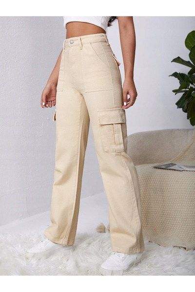 NO BRAND Pantaloni lungi drepți din bumbac, caisă, cu talie înaltă, cu buzuna...