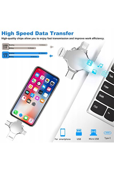 NO BRAND Stick USB 256GB 4 în 1 USB C/Lightning/Micro USB pentru Android, PC,...