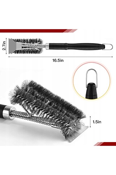 NO BRAND Perie pentru curățat grătar cu racletă 3 în 1 din oțel inoxidabil 46 cm