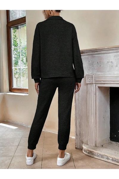 NO BRAND Set de trening negru texturat, bluză cu guler înalt și pantaloni, Sh...