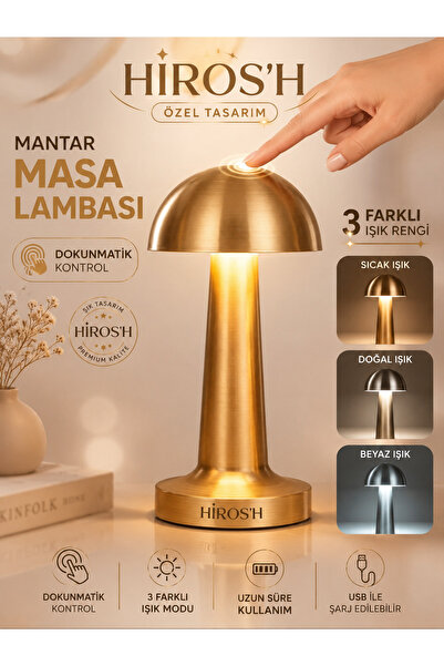 HİROS'H 3 Işık Renkli Şarj Edilebilir Dokunmatik Mantar Masa Lambası Led Işık...