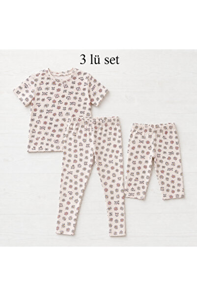 İncili Tekstil Girl's T-Shirt-Capri-Leggings Set of 3 White Floral Patterned