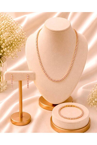 Simovia Pembe Renkli 3 mm Zirkon Taşlı Su Yolu Kolye Bileklik Küpe 3'lü Gold Set