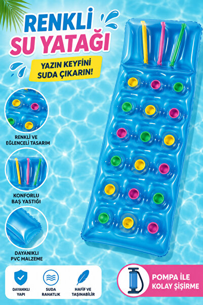 JOY SMART Bardaklıklı Şişme Deniz Yatağı 175x75 cm | İçecek Bölmeli Konforlu ...