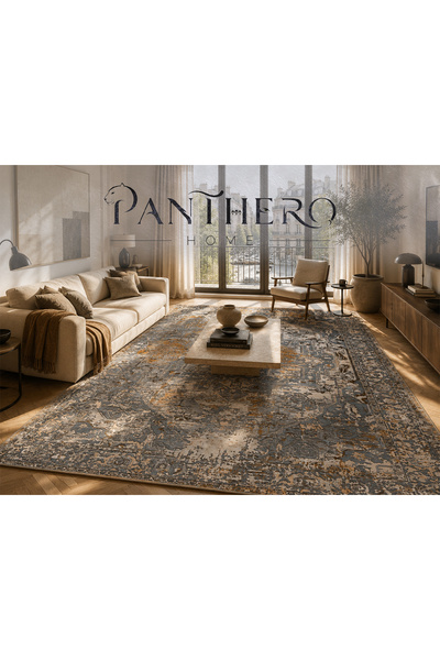 Panthero Home Gri Bej Vintage Eskitme Desenli Kaymaz Taban Süngerli Yıkanabil...