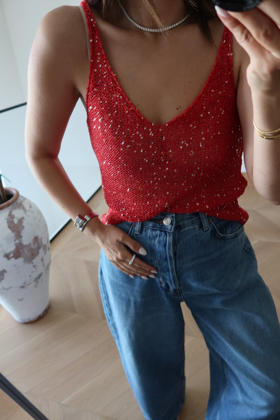 ebrusvnms Askılı Pullu Merserize V Yaka Bluz