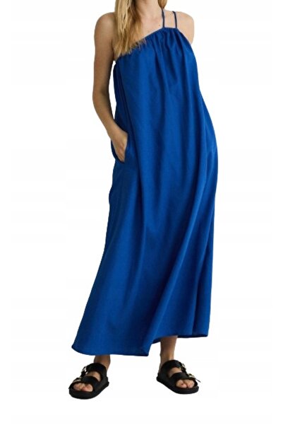 NO BRAND Rochie albastră, decolteu asimetric, simplă, supradimensionată, evaz...