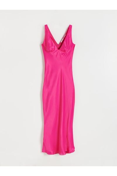 NO BRAND Rochie midi roz cu bretele, din satin neted, cu decolteu clasic în L.
