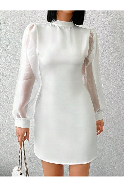 NO BRAND Rochie mini albă clasică cu mânecă lungă și spatele deschis Shein S