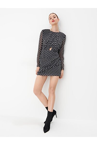 NO BRAND Rochie mini cu buline alb-negru, mânecă lungă, guler rotund 34