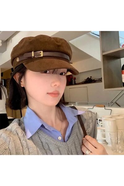 YYB Women's Suede Marine Hat Leather Belt Gold Buckle Retro Brush Hat 3 Colors