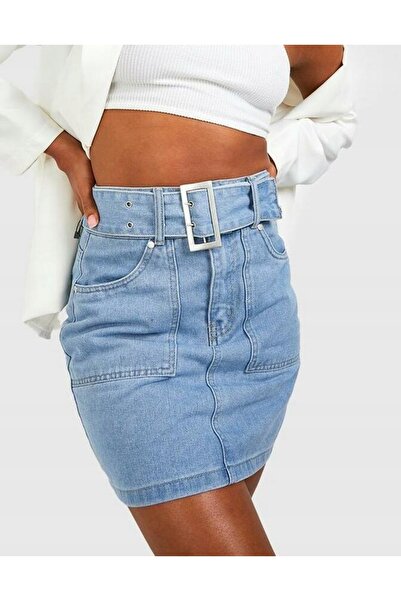 NO BRAND Fustă mini din denim albastră clasică cu bretele, mărime mare, BOOHO...