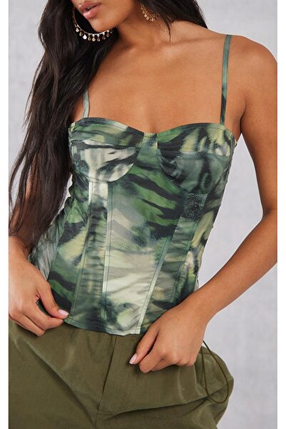 NO BRAND Top corset verde cu imprimeu și bretele Prettylittlething 44