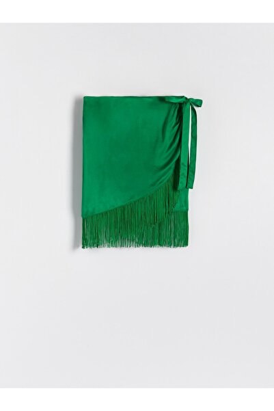 NO BRAND Fustă mini verde din satin, tip cocktail, cu franjuri, din viscoză, ...
