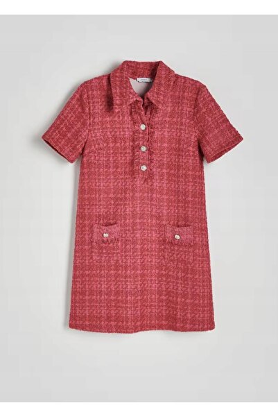 NO BRAND Rochie mini din tweed roz, cu guler, mânecă scurtă, nasturi, mărimea...