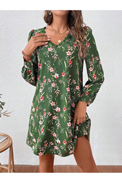 NO BRAND Rochie trapez verde cu mâneci lungi, imprimeu floral, decolteu în V,...