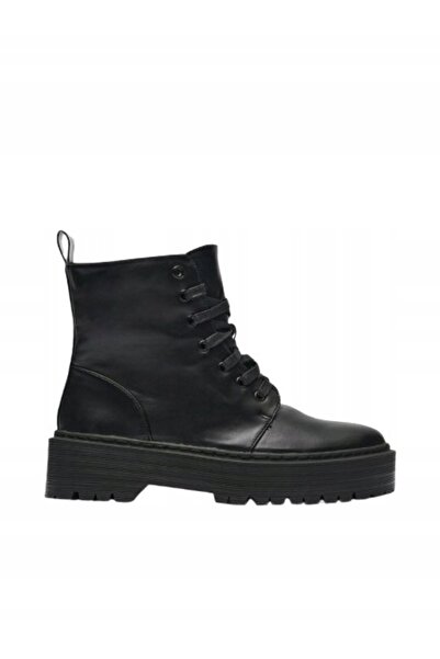 NO BRAND Botine negre cu șireturi, din piele ecologică, cu toc mic și vârf ro...