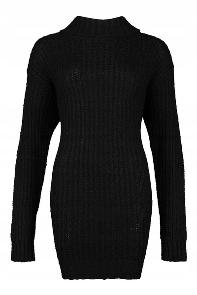 NO BRAND Rochie tricotată neagră, lejeră, cu guler înalt, mini, dreaptă, cu m...
