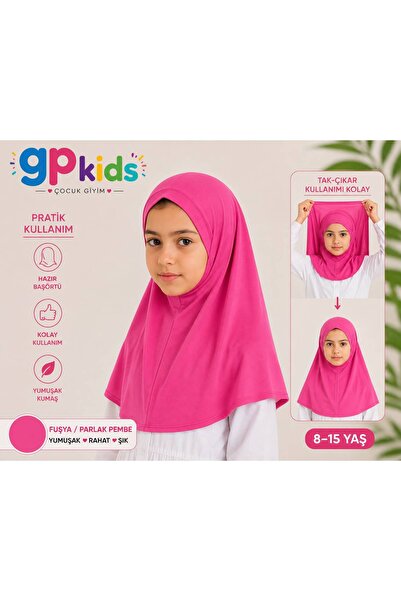 GP Kids Kız Çocuk Pratik Başörtü Penye Hazır Eşarp Mina Model PARLAK PEMBE