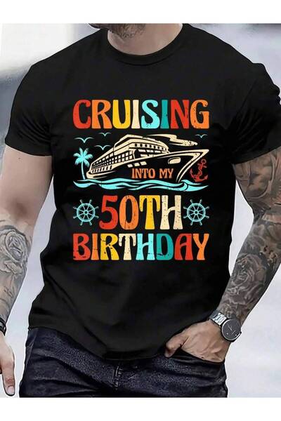 4CR تي شيرت 100% قطن بطباعة 'Cruising Into My 50th Birthday Cruise' للرجال وا...